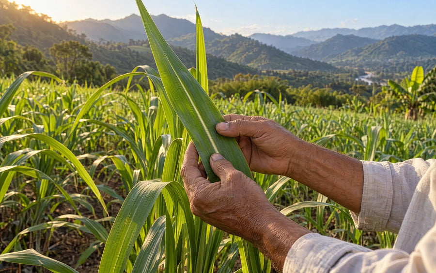 Manos revisando la hoja de una caña panelera sana en un cultivo de ladera