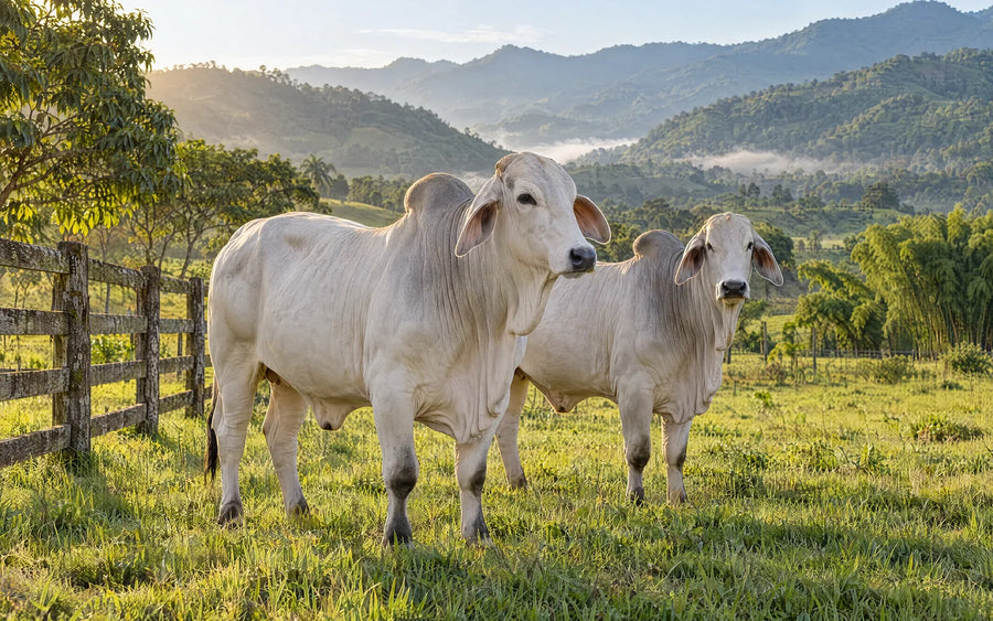 Dos reses Brahman en un potrero verde con cerca de madera y montañas al fondo