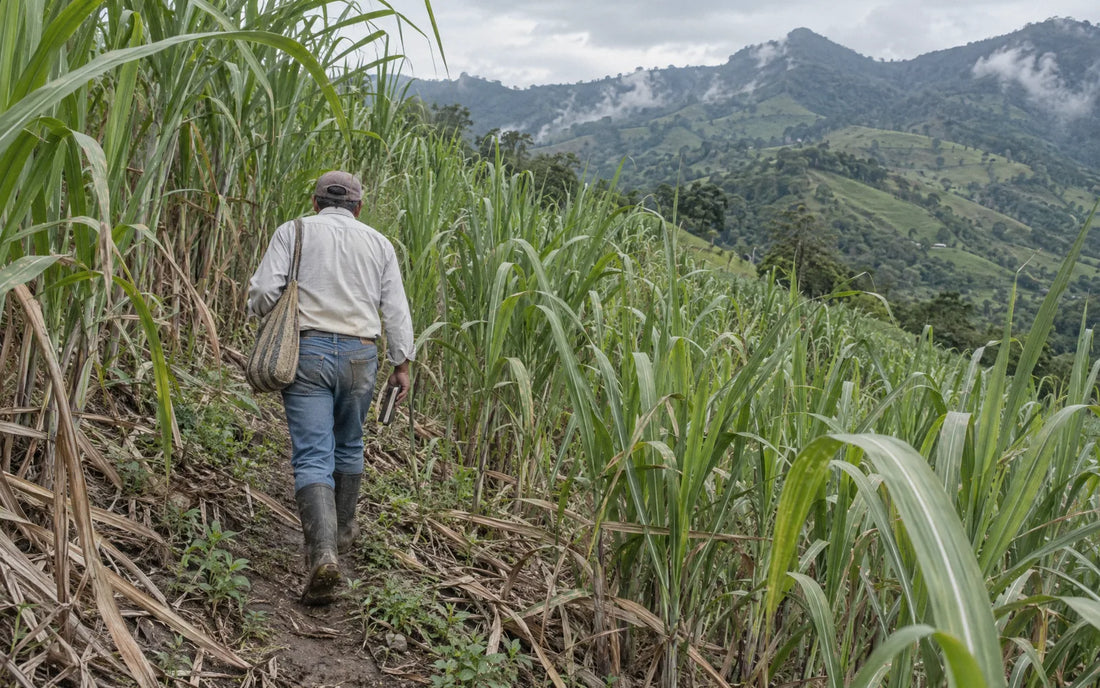 Persona de espaldas con libreta caminando por un cultivo de caña panelera en ladera