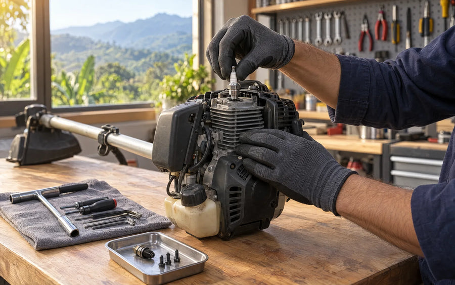 Técnico con guantes revisando el motor de una guadañadora en un banco de taller ordenado