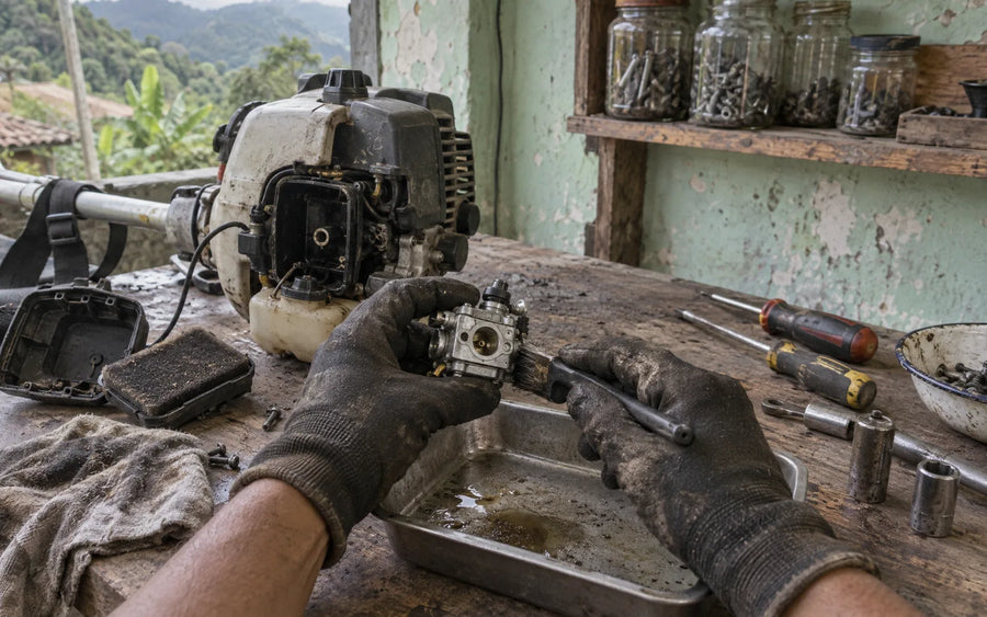 Manos con guantes limpiando el carburador de una guadañadora en un banco de taller